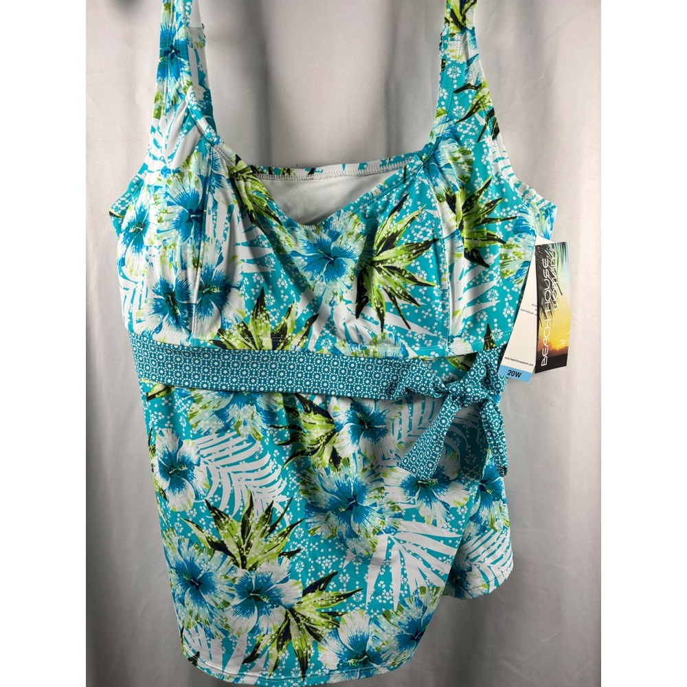 Beach House Woman Plus Size 20W Tankini Top Tropical Floral Turquoise Blue NWT